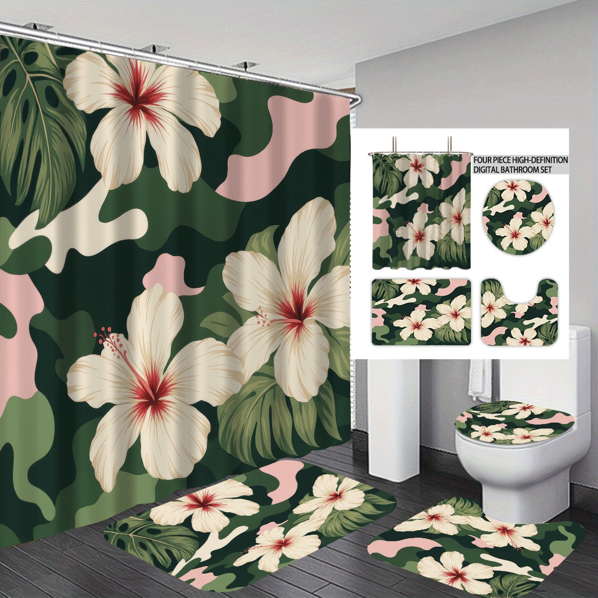 Agente de poliéster Mei Ke más cortina de baño impermeable serie de agua floral 3D impresión digital cortina de baño cuatro piezas alfombra absorbente