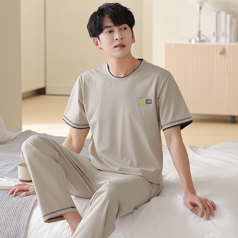 Pajamas Men's Summer Cotton Thin Short-sleeved Trousers suit Loose Casual Outwear Men's Cotton Home Clothes