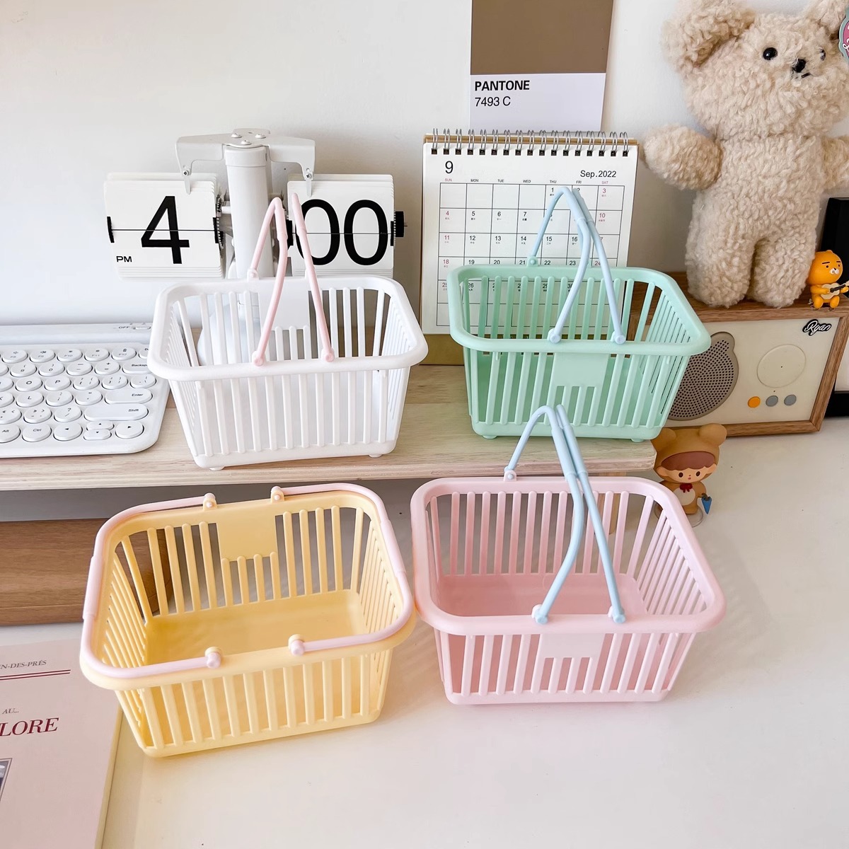 ins风彩虹色收纳筐手提蓝子桌面少女心可爱收纳盒宿舍杂物整理框