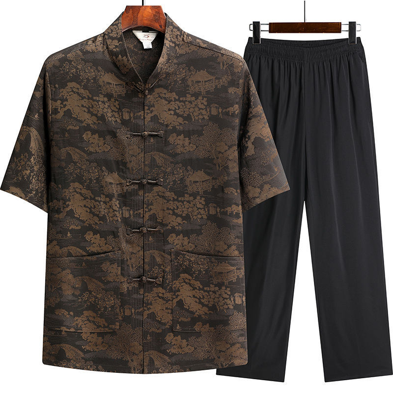 Tang Suit Men's Ice Silk Satin suit Middle-aged and Elderly Short-sleeved Grandpa Chinese Style Hanfu Dad Summer Clothes for the Elderly