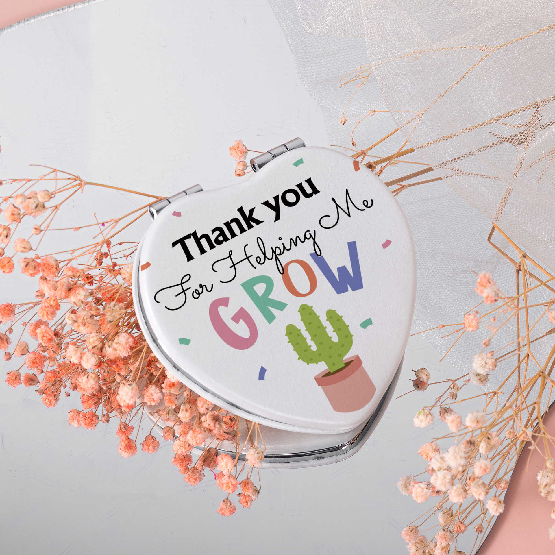 Espejo portátil con funda de PU en forma de corazón, estilo ins