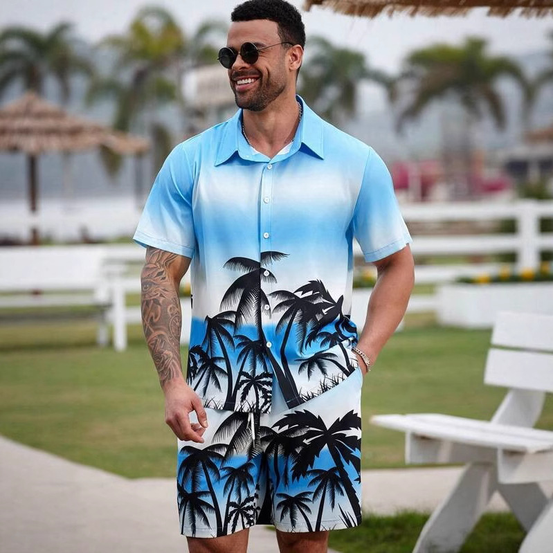 해변 휴가 스타일 남성 캐주얼 패션 느슨한 반팔 셔츠 정장 간단한 통기성 경량