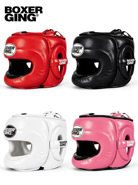 Boxing leather headgear with crossbar, professional fighting Muay Thai closed-style head protector, Sanda training combat nose guard