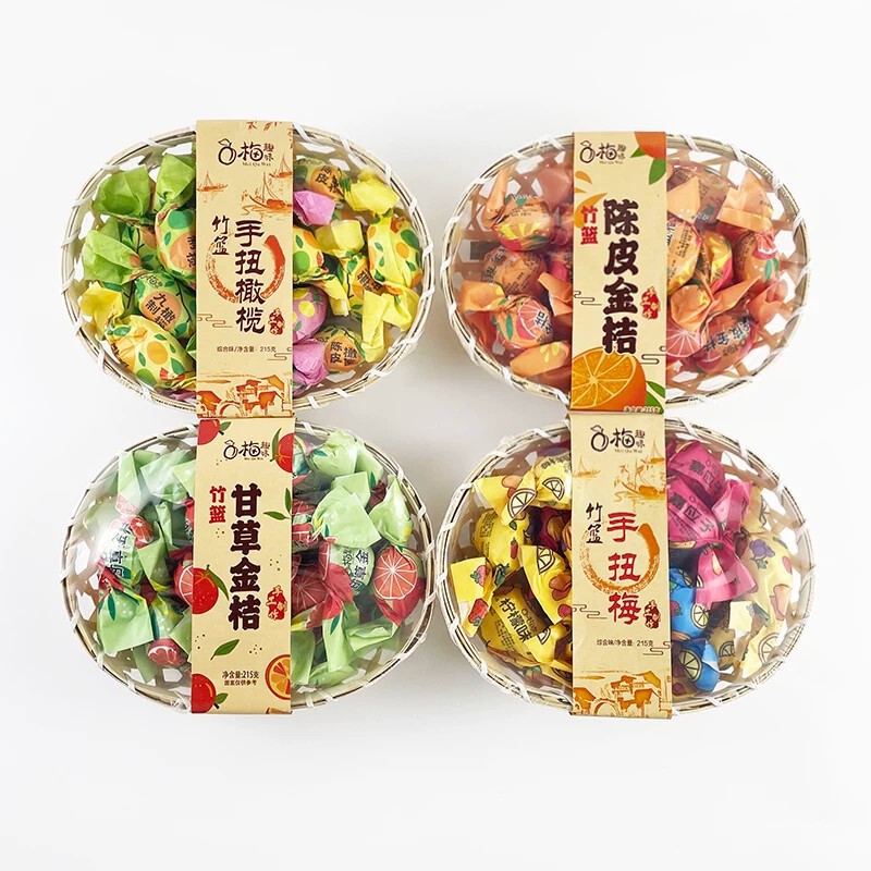 Plum-Flavored Snacks with Bamboo Baskets, Tangerine Peel, Licorice, Kumquat, Southern Chinese Flavor, Hand-Twisted Olives, Tangerine Peel, Plum, and Jujube Snacks Plum-Flavored Snacks with Bamboo Baskets, Tangerine Peel, Licorice, Kumquat, Southern Chinese Flavor, Hand-Twisted Olives, Tangerine Peel, Plum, and Jujube Snacks