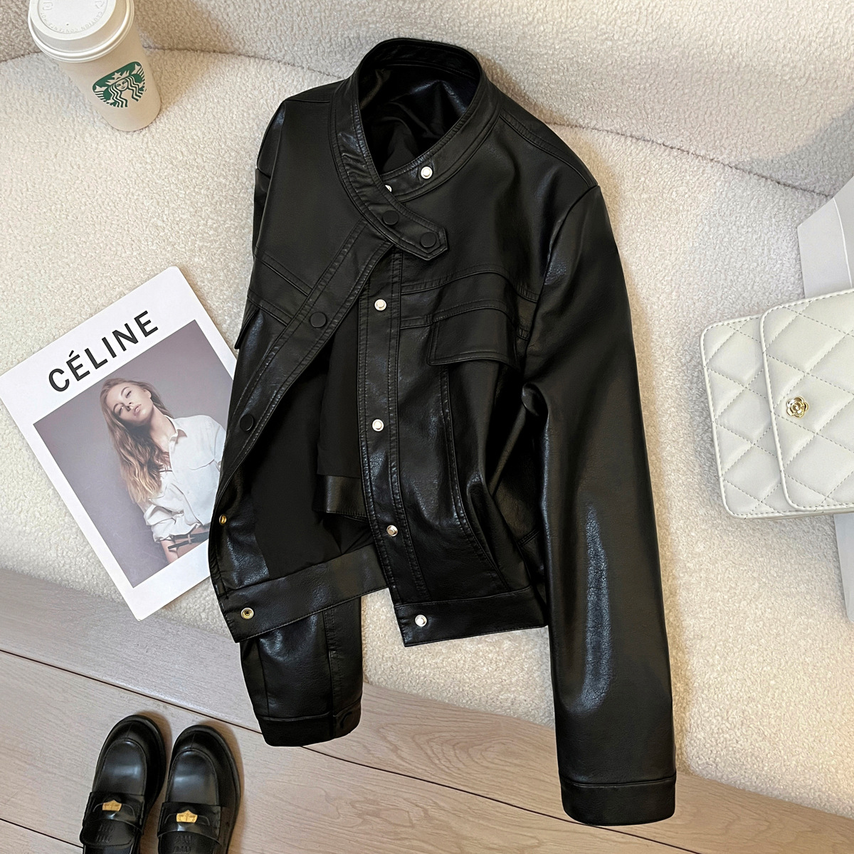 2025 Spring New Black High-end Sense Leather Jacket Women's Small Korean Style Retro Cool Sa Pu Jacket Motorcycle