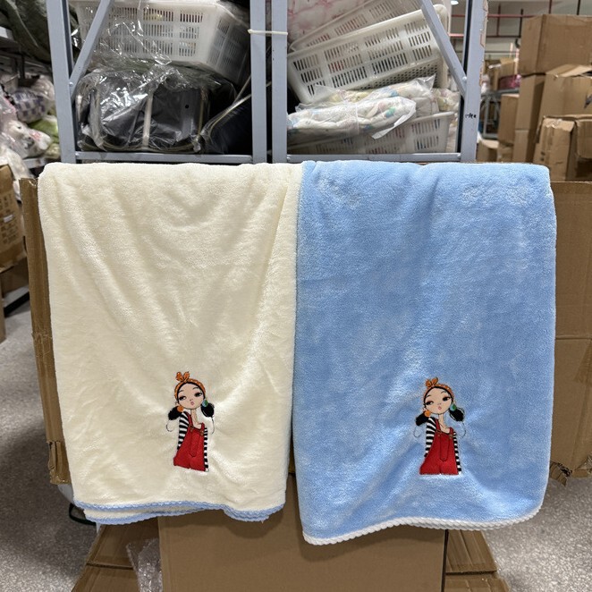 Wholesale Beautiful Girl Embroidered Bath Towel High-Looking Household Quick-Drying Soft Face Wash Towel Coral Velvet Beach Towel