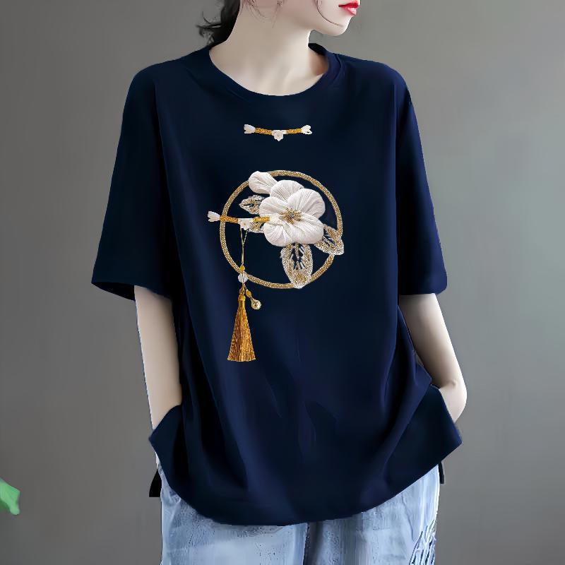 Auspicious Golden Flower Cotton Short-sleeved T-shirt Women's Printed Summer Women's Loose 200 Jin Antique Chinese Style Mid-length Top