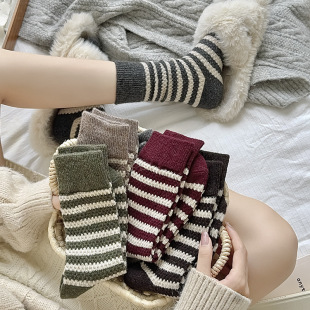 Wool Socks for Children Autumn and Winter Thickened Striped Mid-length Socks Ins Trendy Vintage All-match Stocking Stockings Winter Warm