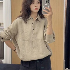 日系半开扣翻领汉麻上衣女秋季新款复古文艺宽松休闲简约百搭衬衫