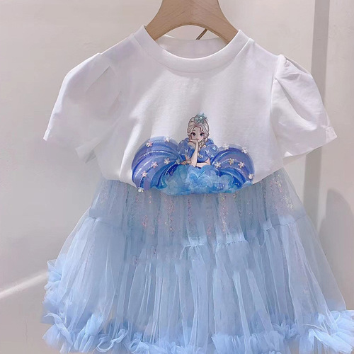 Girls summer suit 2024 new children's short-sleeved T-shirt Frozen two-piece set baby style skirt
