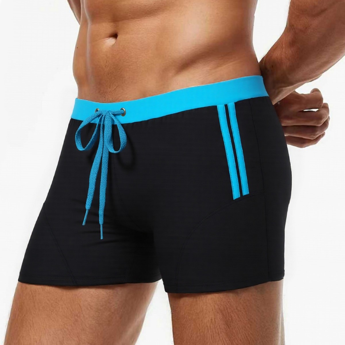 Men's Solid Color Swim Trunks Trendy Flat Angle Tie Up Anti-Establishment Design Nylon Swim Shorts_voghion.com