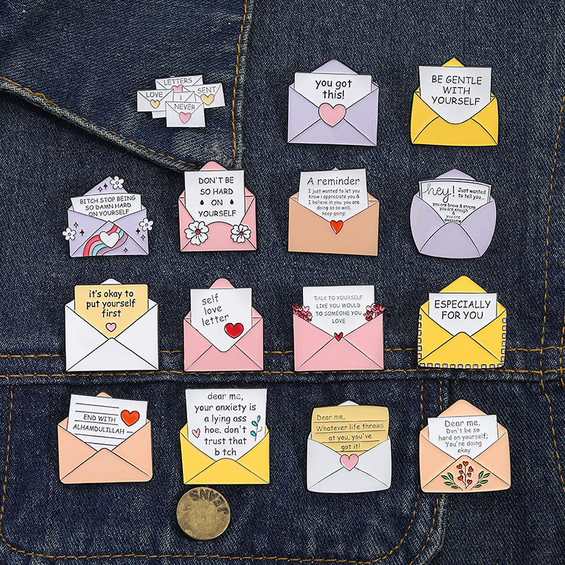 Small mood Japanese and Korean style brooch envelope aesthetic motivation, positive text metal brooch badge clothing Small mood Japanese and Korean style brooch envelope aesthetic motivation, positive text metal brooch badge clothing