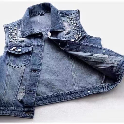 Ärmellose Damen-Jeansweste, kurz, gewaschen, mit Löchern und Perlen, schmal geschnitten, trendiges und vielseitiges Oberteil für Frühling/Herbst_voghion.com