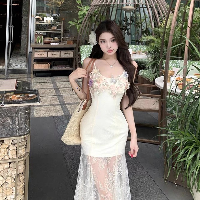 夏の美しい写真撮影ドレス、ヘビーレーススカート、フレンチエレガントなホリデーサスペンダーロングスカート|undefined