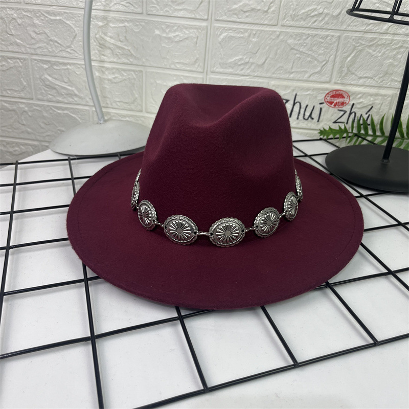 Sombrero de lana europeo y americano sombrero de fieltro de estilo británico decoración de cadena ovalada AliExpress sombrero de jazz borde plano sombrero superior para hombres