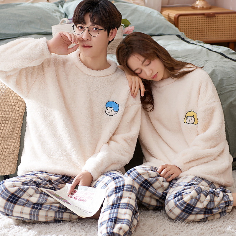Pareja de franela pijamas de lana de coral hombres y mujeres de dibujos animados de invierno más tamaño cálido forro polar engrosado homewear traje