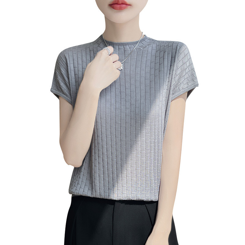 2025 夏の新薄型ラウンドネックテンセルストライプ Tシャツ半袖女性の多用途通気性ニット半袖女性のトップ|undefined