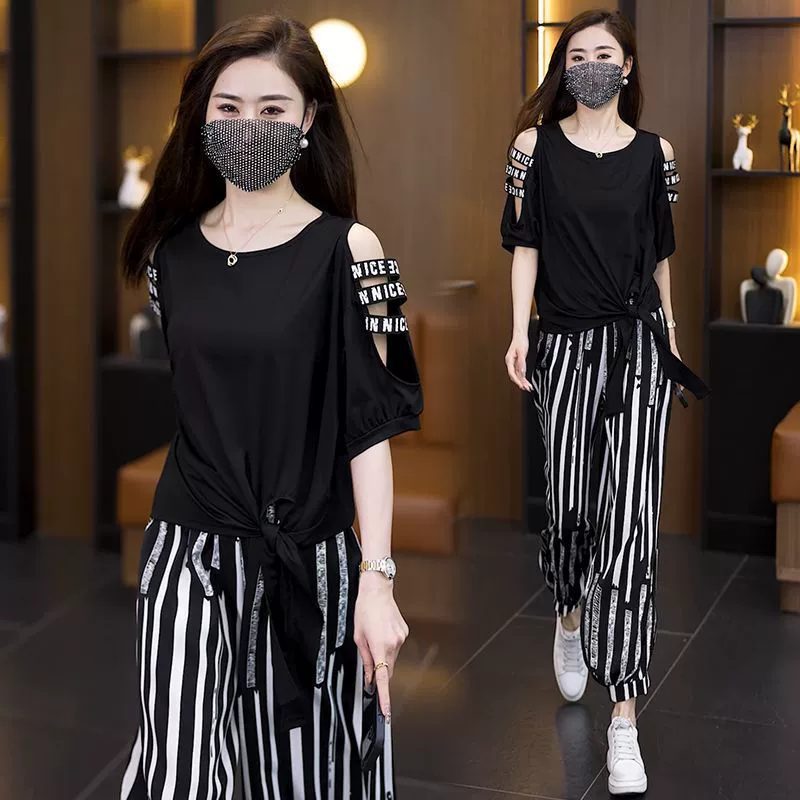 1005 # Женский летний спортивный костюм больших размеров, новый модный дизайн, топ с открытым плечом, неровный крой, комплект из двух предметов