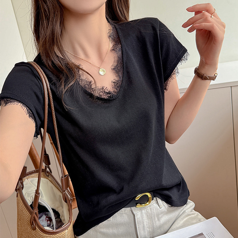 Carefully Selected French Lace Short-Sleeve T-Shirt for Women, Summer V-Neck Design, Stylish Shoulder-Cut, Fashionable Slim-Fit Top