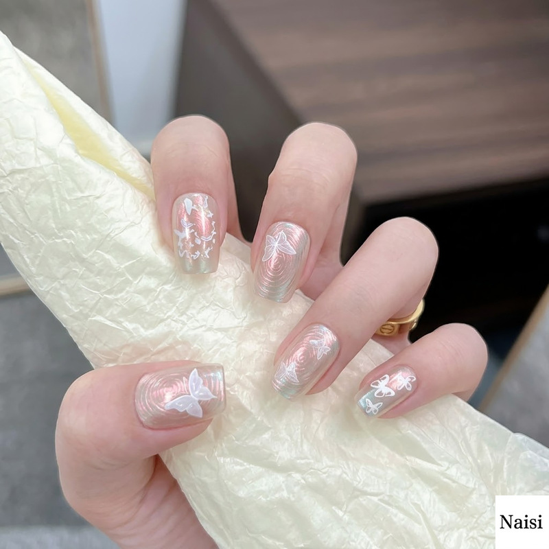 Peach Swirl Butterfly Xiaohongshu Hot Trend Gold Cat Eye Wearable Nail Stickers Gradient Pre-Made Nail Art Tips