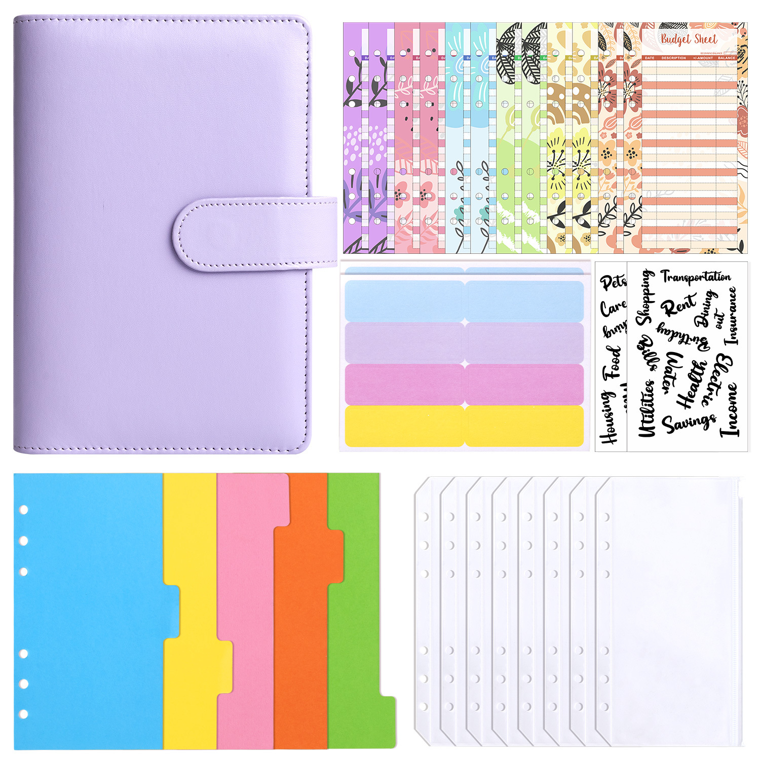 Presupuesto transfronterizo Cash Clip de hojas sueltas Bolsa con cremallera Sobres Libro de cuentas A6 Macarons PU Cuaderno de hojas sueltas de cuero
