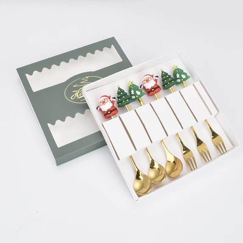 Cucharas de acero inoxidable transfronterizas muñecas de Papá Noel cubiertos cajas de regalo caseras de café mezclador cucharas de postre horquilla de frutas