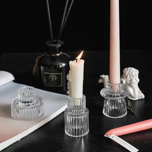 Vertical grain dual-purpose candlestick three-piece set Amazon cross-border exclusive pole wax cup transparent glass tea wax cup soybean wax cup