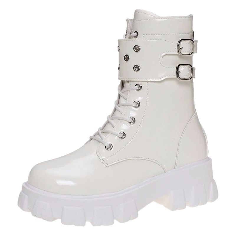 Женские рыцарские ботинки на шнуровке до середины икры, Женские глянцевые Ботинки Martin в Корейском стиле на толстой подошве, лакированные ботинки на молнии сзади, женские сапоги до середины икры, размер 43, женские сапоги