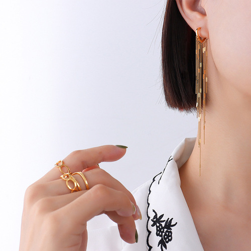 Korean-style light luxury Instagram-style long tassel earrings, VIP copycat versatile titanium steel earrings for dropshipping F547