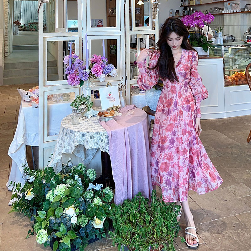 Spot Aconi Romantic French Print Dress Accessible Luxury Handmade High-Definition Beaded V-Neck Long-Sleeved Mid-Length Skirt Spring 2