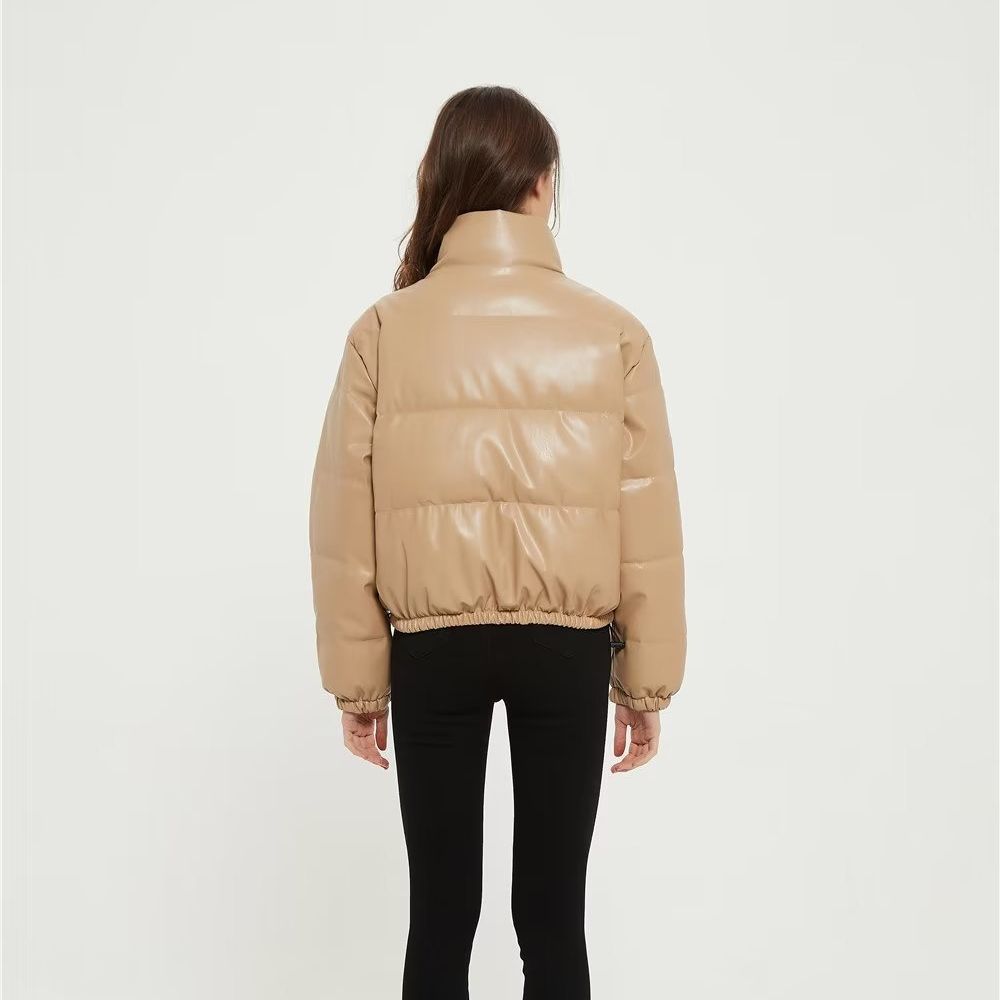 Women's Clothing Fashionable PU Faux Leather Jacket With Cotton Filling, Stand Collar, Minimalist Urban Casual Coat For Winter (Khaki/Black/Brown)_ecoleips.com