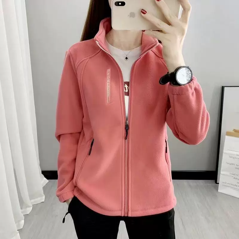 秋冬摇粒绒外套女士抓绒衣加绒加厚立领开衫户外运动保暖卫衣上衣