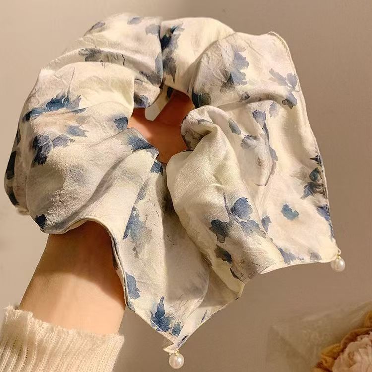 4# blue ink wash maple leaf pearl pendant hair tie