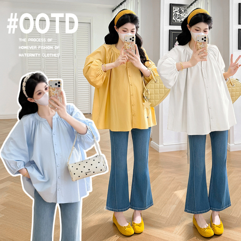 Real Shot of Maternity Shirts, Spring 2026 New Style Button-Down Shirts, Suitable for Breastfeeding, Mid-Length, for Spring and Autumn