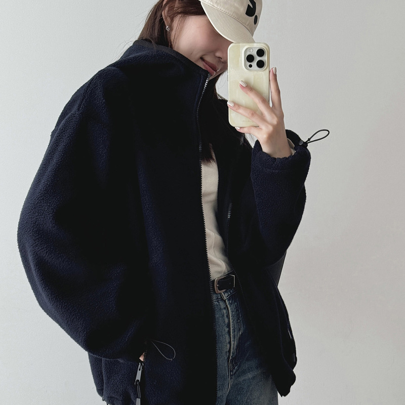 持续开挂！女秋冬轻便舒适时髦摇粒绒宽松拉链外套|undefined