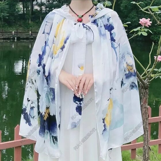 New Ruffled Cape Cool Feeling Raw Yarn Sun Protection Clothing Women Summer Sunshade Fashion Pearl Satin Hooded Shawl