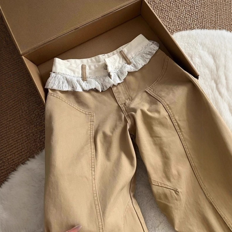 Khaki Lace Trim Curved Hem Jeans for Women, Autumn and Winter, Unique Design, Loose Fit, Slimming Wide-Leg Floor-Length Pants