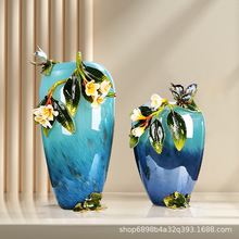 珐琅彩艺术玻璃花瓶摆件客厅插花玄关中式装饰美式网红鸡蛋花花瓶