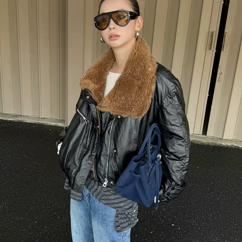 MMFISH时髦街头防风涂层羊毛领短欧美夹克夹棉加厚外套棉服25Y483