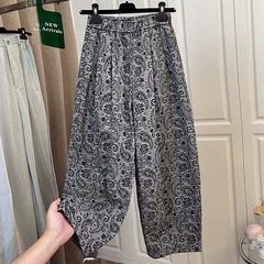 薄手のリネンバルーンキャロットカーブパンツ、ウエストゴム付き9点ワイドレッグカジュアルパンツ、人気の女性用セガモパンツ