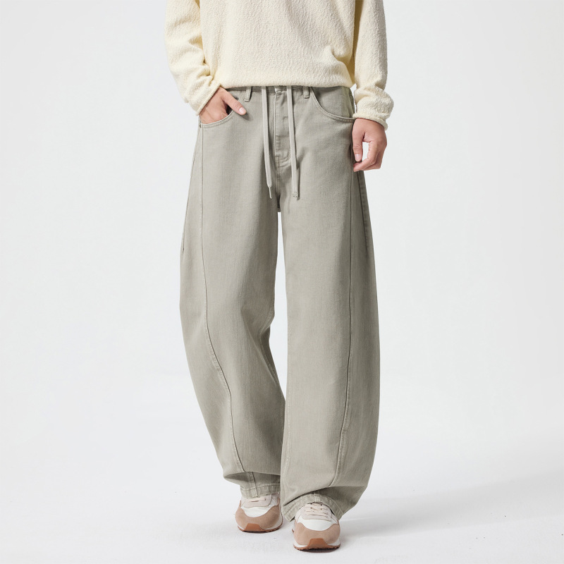 Japanese-style solid color khaki curved jeans for men, trendy autumn style, loose casual pure cotton straight wide-leg long pants Japanese-style solid color khaki curved jeans for men, trendy autumn style, loose casual pure cotton straight wide-leg long pants