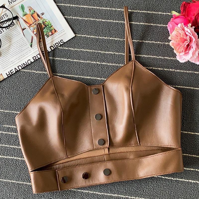 Las niñas de primavera y otoño nuevo retro pu cuero camisola niños de moda de una sola fila oculta hebilla de cuero Chaleco Corto Top moda