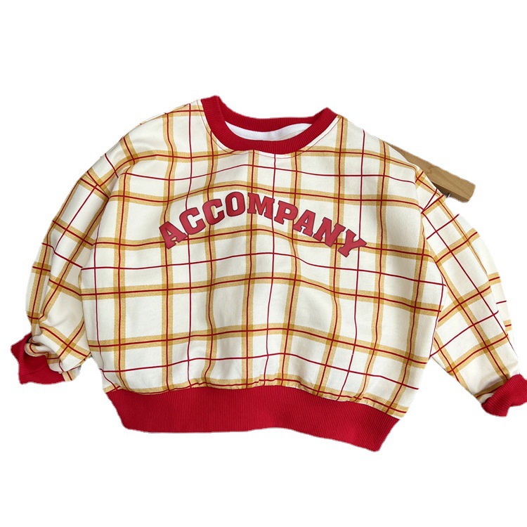 Felpa con cappuccio a quadri stampata per bambini 2024, un nuovo prodotto autunnale dalla Corea del Sud, con scollo rotondo dai colori vivaci_voghion.com