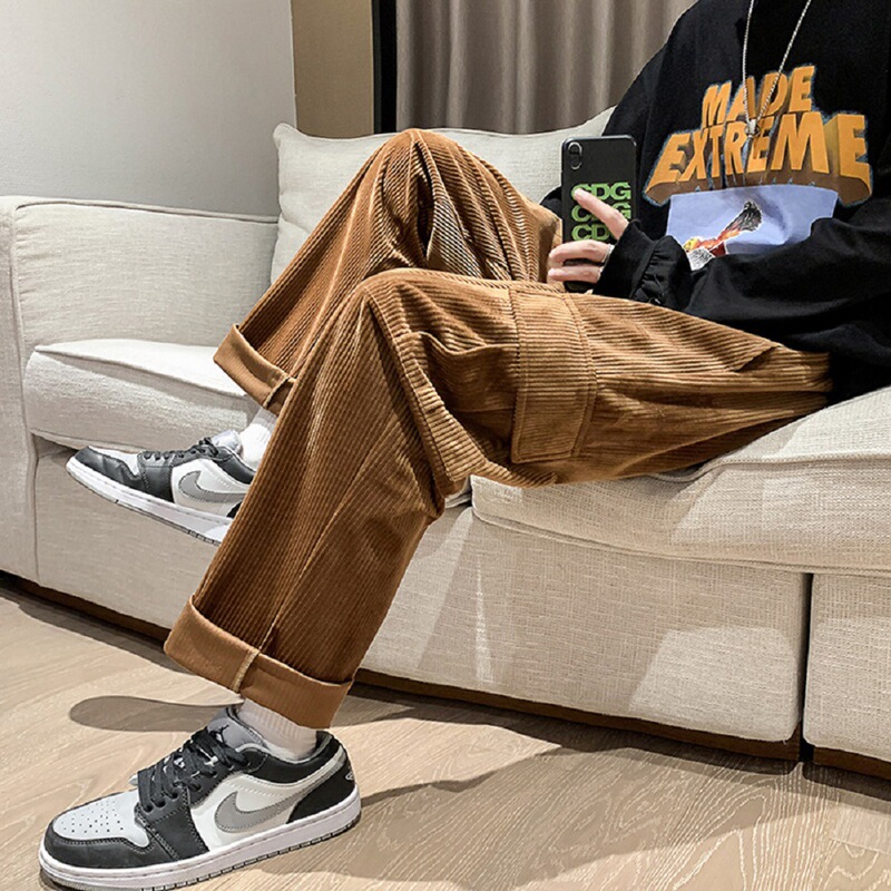 American oversize Light Brown Pants Corduroy Patchwork Velcro vintage Carhart Overalls Men