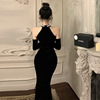 Dingzhu Heavy Industry Mesh Dress Velvet Hanging Neck Fish Tail Dress Long Dress