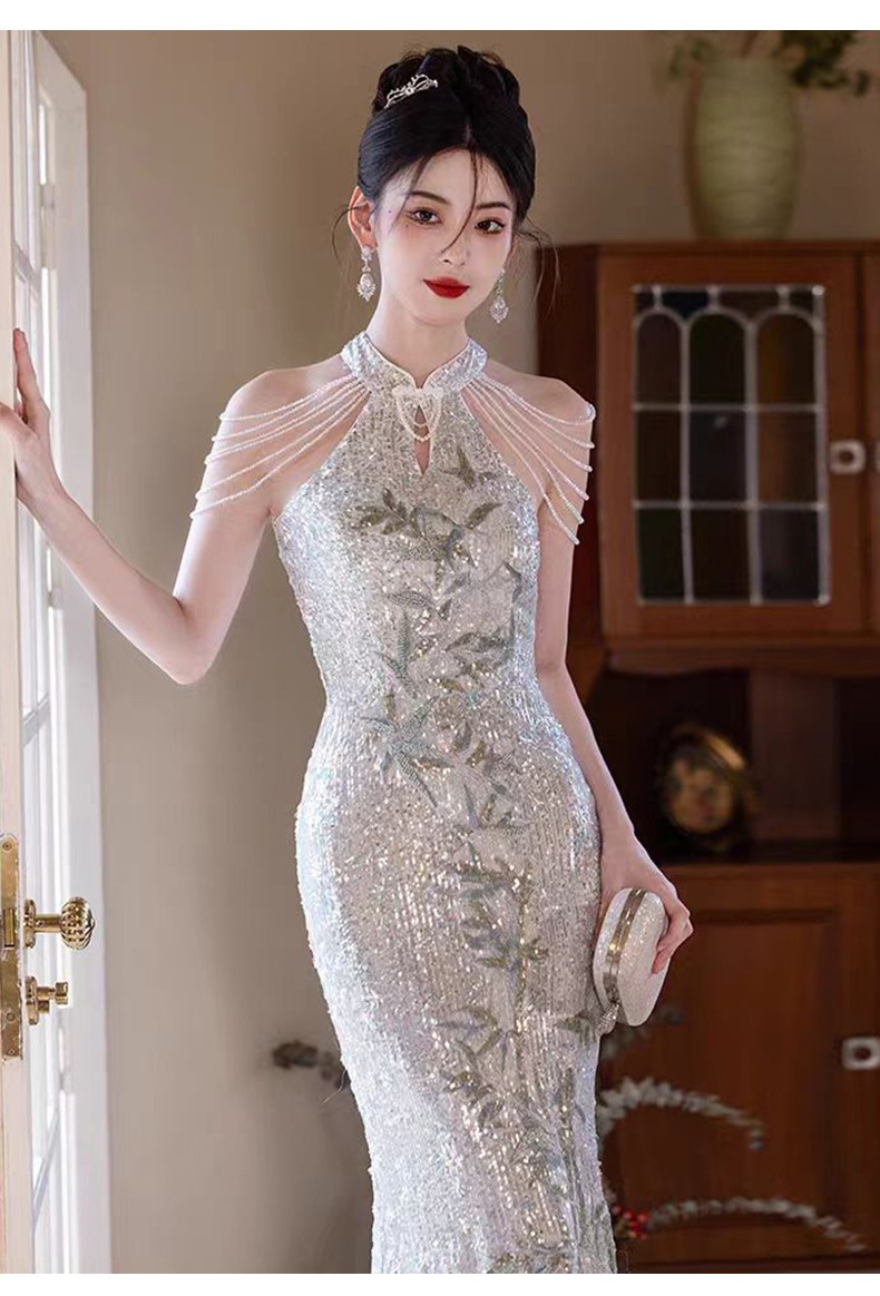 Sequined Evening Gown Women's Light Luxury Mermaid Dress Waist Cinching New Style Host Performance Costume_ecoleips.com