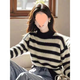 韩系慵懒风撞色条纹水貂绒毛衣女秋冬洋气时尚宽松休闲加厚针织衫