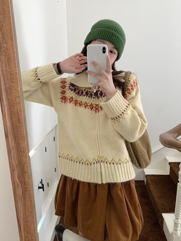 秋冬复古费尔岛翻领拉链毛衣外套女宽松外穿慵懒洋气针织开衫上衣|undefined