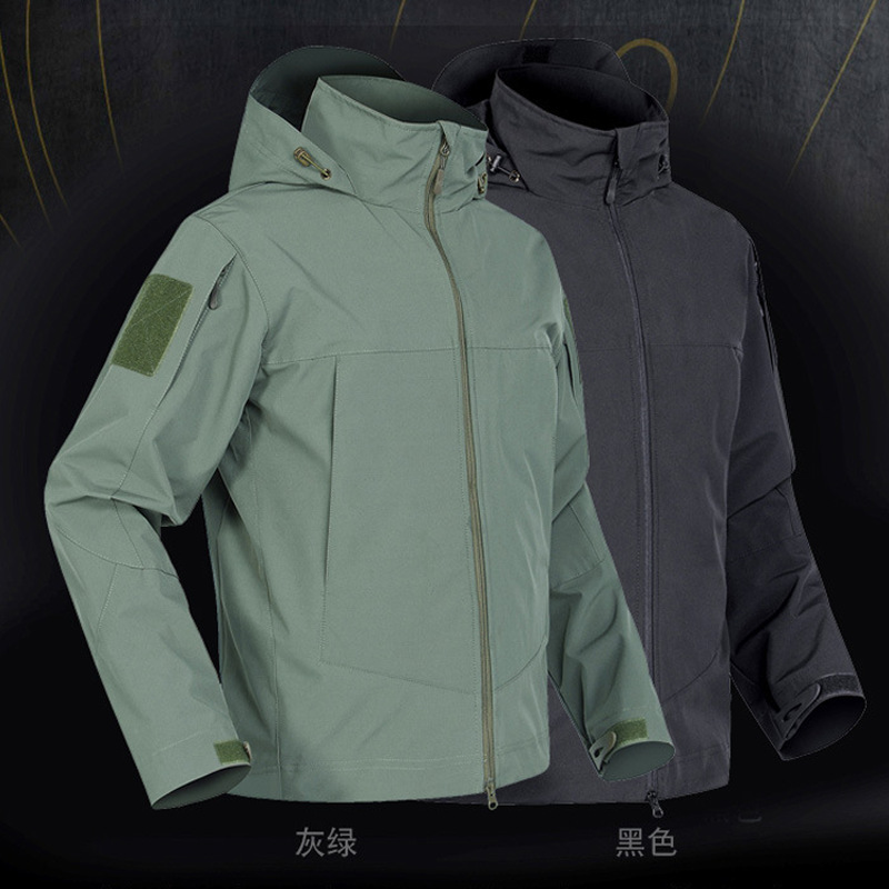 春秋戶外鯊魚皮軟殼衝鋒衣男迷彩連帽防水防風夾克登山保暖外套