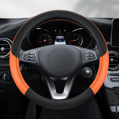 Steering wheel cover: GM handle cover non-slip breathable sweat-absorbent - embossing-black-orange-round-38cm